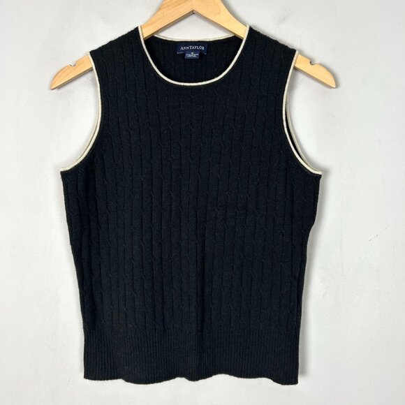 Y2K Ann Taylor Black Cashmere Cable Knit Sweater Vest/Shell Preppy Tennis Prep S - Picture 1 of 4
